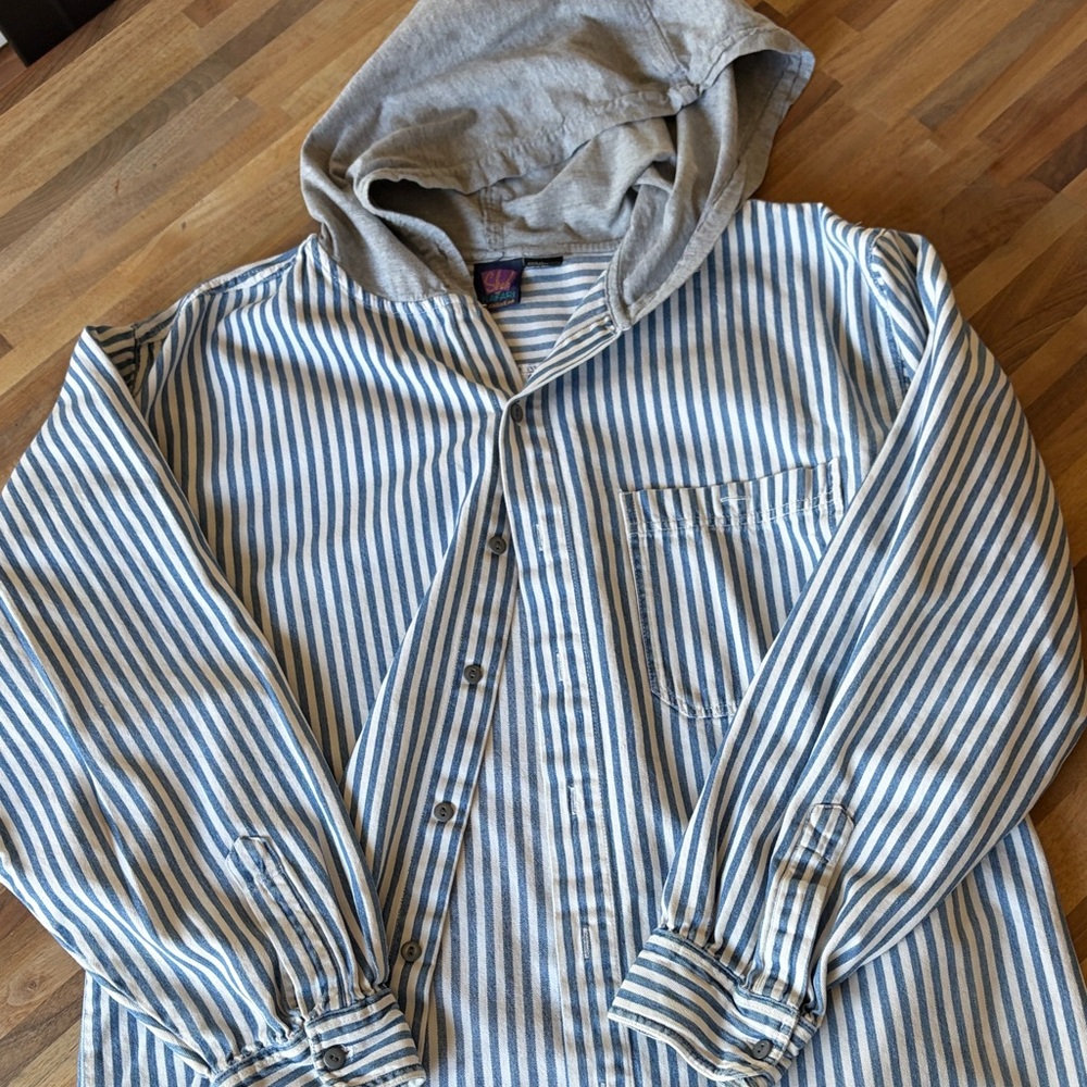 Vintage Shah Safari Jeanswear Blue and White Striped Hoodie Shirt
